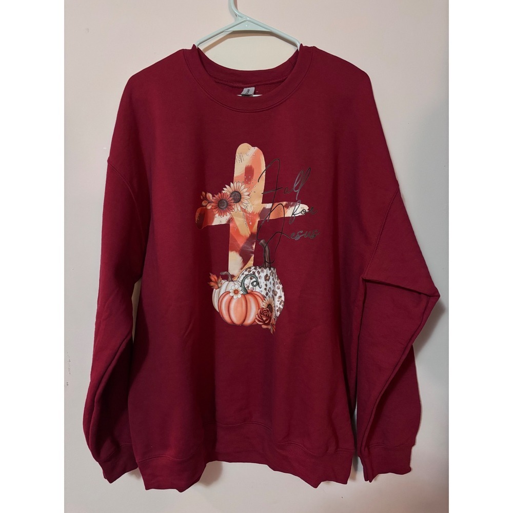 Burgundy Graphic Cross Pumpkin Fall Jesus Sweatshirt XL handmade religious